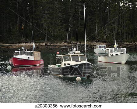 Stock Photograph -  Winter Harbor, ME, Maine, Mount Desert Island, Atlantic Ocean, Frenchman Bay, lobster boats. Fotosearch
