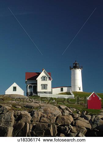 Picture -  York Beach, ME, Maine, Cape Neddick Nubble Light, Lighthouse. Fotosearch
