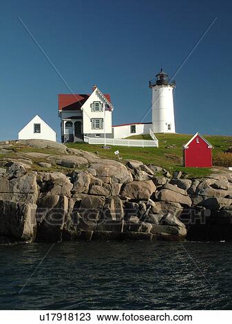 Stock Image -  York Beach, ME, Maine, Cape Neddick Nubble Light, Lighthouse. Fotosearch