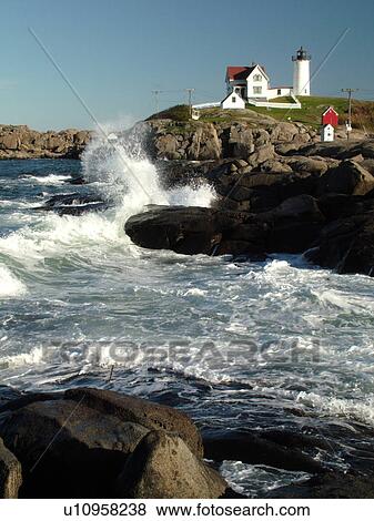 York Beach, ME, Maine, Cape Neddick Nubble Light, Lighthouse, waves crashing along the rocky coastline View Large Photo Image Stock Photo - York Beach, ME, Maine, Cape Neddick Nubble Light, Lighthouse, waves crashing along the rocky coastline. Fotosearch