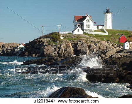 York Beach, ME, Maine, Cape Neddick Nubble Light, Lighthouse, waves crashing along the rocky coastline View Large Photo Image Stock Photo - York Beach, ME, Maine, Cape Neddick Nubble Light, Lighthouse, waves crashing along the rocky coastline. Fotosearch