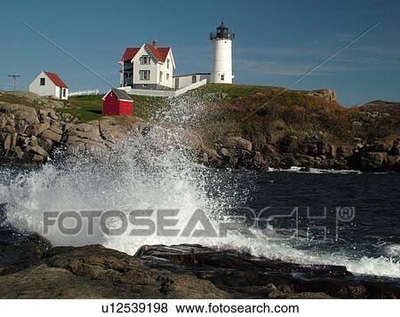 York Beach, ME, Maine, Cape Neddick Nubble Light, Lighthouse, waves crashing along the rocky coastline View Large Photo Image Stock Photo - York Beach, ME, Maine, Cape Neddick Nubble Light, Lighthouse, waves crashing along the rocky coastline. Fotosearch