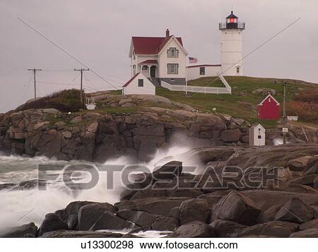York Beach, ME, Maine, Cape Neddick Nubble Light, Lighthouse, waves crashing against the rocky coast View Large Photo Image Stock Photo - York Beach, ME, Maine, Cape Neddick Nubble Light, Lighthouse, waves crashing against the rocky coast. Fotosearch