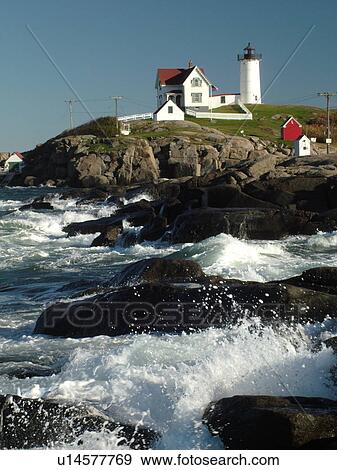 York Beach, ME, Maine, Cape Neddick Nubble Light, Lighthouse, waves crashing along the rocky coastline View Large Photo Image Stock Photo - York Beach, ME, Maine, Cape Neddick Nubble Light, Lighthouse, waves crashing along the rocky coastline. Fotosearch