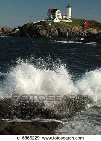 York Beach, ME, Maine, Cape Neddick Nubble Light, Lighthouse, waves crashing along the rocky coastline View Large Photo Image Stock Photo - York Beach, ME, Maine, Cape Neddick Nubble Light, Lighthouse, waves crashing along the rocky coastline. Fotosearch
