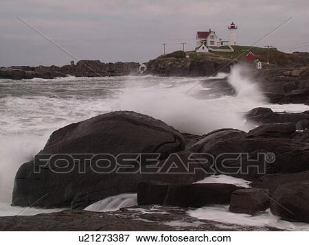 York Beach, ME, Maine, Cape Neddick Nubble Light, Lighthouse, waves crashing against the rocky coast View Large Photo Image Stock Photo - York Beach, ME, Maine, Cape Neddick Nubble Light, Lighthouse, waves crashing against the rocky coast. Fotosearch