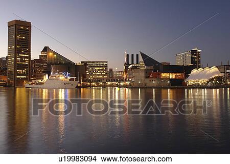 Picture -  Baltimore, MD, Maryland, Chesapeake Bay, Downtown Skyline, Inner Harbor, evening. Fotosearch