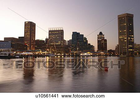 Stock Image -  Baltimore, MD, Maryland, Chesapeake Bay, Downtown Skyline, Inner Harbor, evening. Fotosearch