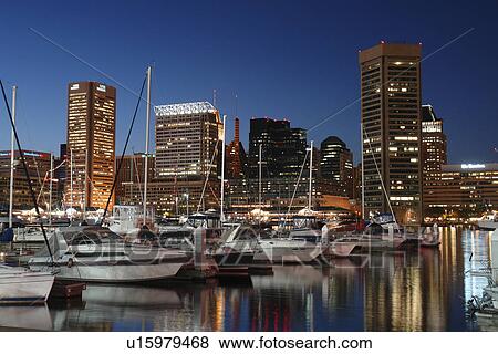 Stock Photo -  Baltimore, MD, Maryland, Chesapeake Bay, Downtown Skyline, Inner Harbor, evening. Fotosearch