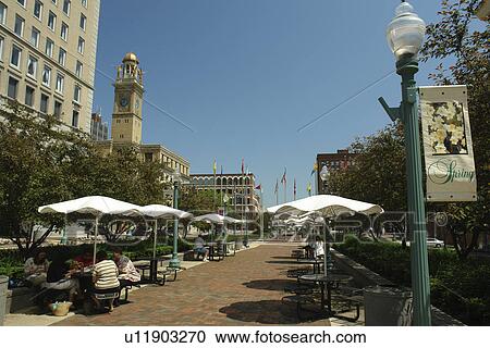 Stock Image -  Canton, OH, Ohio, downtown, Market Street, outdoor cafT. Fotosearch