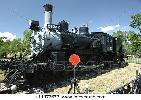 Stock Image -  Cheyenne, WY, Wyoming, Cheyenne Botanic Gardens, Union Pacific Steam Engine. Fotosearch