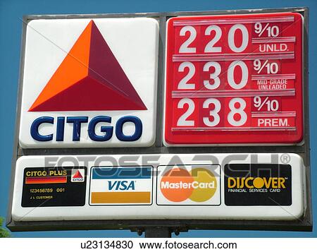 Stock Image -  Citgo Gas Station, gas prices, sign, credit cards accepted. Fotosearch