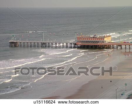 Picture -  Daytona Beach, FL, Florida, Daytona Beach Shores, Atlantic Ocean, beaches, aerial, Main Street Pier & Boardwalk. Fotosearch