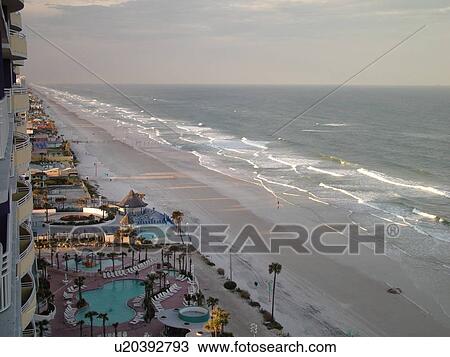 Stock Image -  Daytona Beach, FL, Florida, Daytona Beach Shores, Atlantic Ocean, aerial, swimming pools, Fairfield Resorts, Ocean Walk Resorts, beaches. Fotosearch