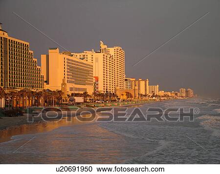 Stock Image -  Daytona Beach, FL, Florida, Daytona Beach Shores, Atlantic Ocean, beaches, sunrise, resorts. Fotosearch