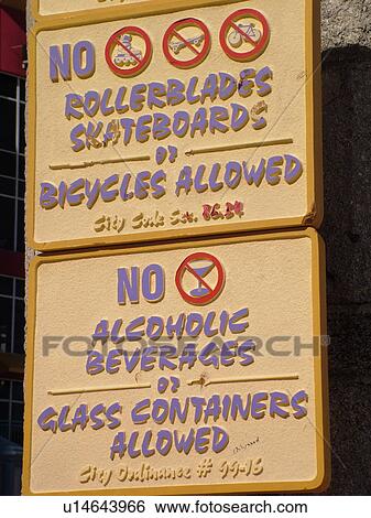 Stock Photograph -  Daytona Beach, FL, Florida, Daytona Beach Shores, Atlantic Ocean, Ocean Walk, restrictions, signs, no rollerblades, no skateboards, no bicycles, no alcoholic beverages, no glass containers. Fotosearch