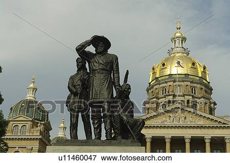 Des Moines, IA, Iowa, State Capitol Building, Statue of Soldier and Indian Guide View Large Photo Image Stock Photo - Des Moines, IA, Iowa, State Capitol Building, Statue of Soldier and Indian Guide . Fotosearch