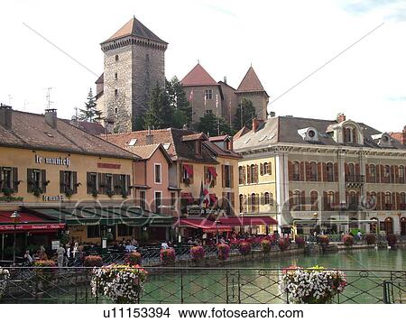 Picture -  France, Annecy, Haute-Savoie, Rhone-Alpes, Europe, village, Thiou Canal. Fotosearch