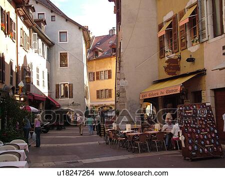 Picture -  France, Annecy, Haute-Savoie, Rhone-Alpes, Europe, CafT Creperie de Chateau, restaurants, outdoor cafT, village, old quarter. Fotosearch