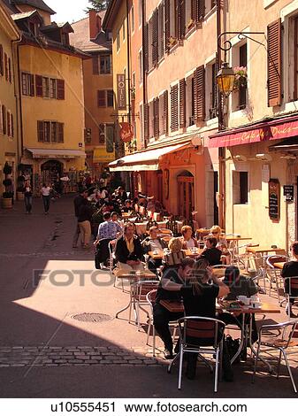 Stock Image -  France, Annecy, Haute-Savoie, Rhone-Alpes, Europe, village, restaurants, outdoor cafT, old quarter. Fotosearch