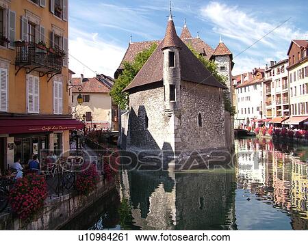 Stock Image -  France, Annecy, Haute-Savoie, Rhone-Alpes, Europe, Thiou Canal, Palais de l'Ile 12th-century prison. Fotosearch