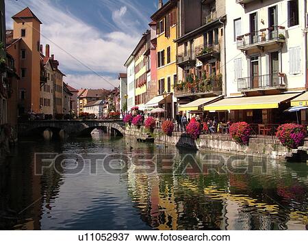 Stock Photo -  France, Annecy, Haute-Savoie, Rhone-Alpes, Europe, village, Thiou Canal. Fotosearch
