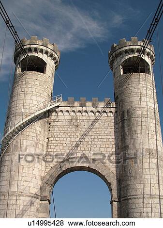 Stock Photo -  France, Annecy, Haute-Savoie, Rhone-Alpes, Europe, Pont de la Caille or Charles-Albert built in 1839 now a pedestrian bridge, suspension bridge. Fotosearch