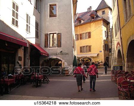 Stock Photo -  France, Annecy, Haute-Savoie, Rhone-Alpes, Europe, village, restaurants, outdoor cafT, old quarter. Fotosearch
