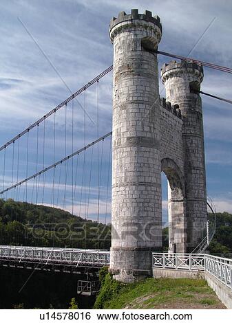 Stock Photograph -  France, Annecy, Haute-Savoie, Rhone-Alpes, Europe, Pont de la Caille or Charles-Albert built in 1839 now a pedestrian bridge, suspension bridge. Fotosearch