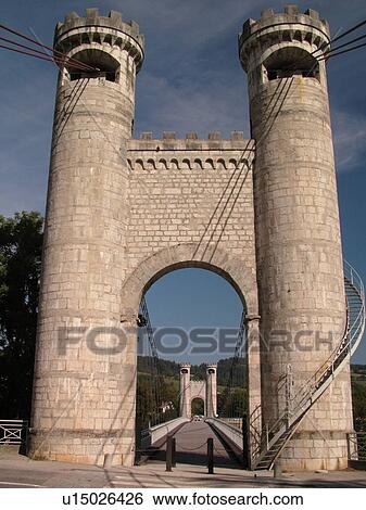 Stock Photograph -  France, Annecy, Haute-Savoie, Rhone-Alpes, Europe, Pont de la Caille or Charles-Albert built in 1839 now a pedestrian bridge, suspension bridge. Fotosearch