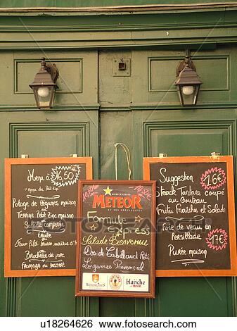 Stock Photograph -  France, Annecy, Haute-Savoie, Rhone-Alpes, Europe, village, bistrot, restaurant, menu boards. Fotosearch
