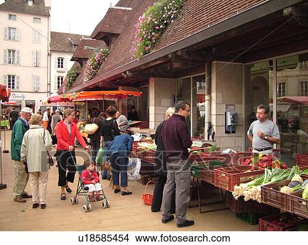 Picture -  France, Beaune, Burgundy, Cote de Beaune, Cote d'Or, Europe, Burgundy Wine Region, downtown, City Market. Fotosearch