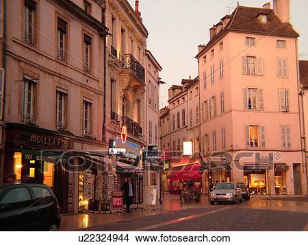 Picture -  France, Beaune, Burgundy, Cote de Beaune, Cote d'Or, Europe, Burgundy Wine Region, downtown, evening. Fotosearch