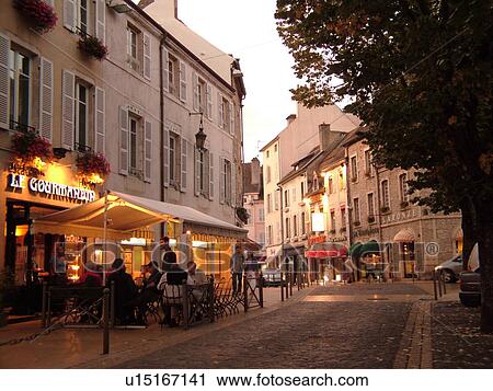 Stock Image -  France, Beaune, Burgundy, Cote de Beaune, Cote d'Or, Europe, Burgundy Wine Region, downtown, outdoor cafT. Fotosearch
