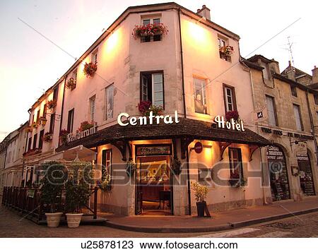 Stock Image -  France, Beaune, Burgundy, Cote de Beaune, Cote d'Or, Europe, Burgundy Wine Region, Central Hotel Restaurant, downtown, evening. Fotosearch
