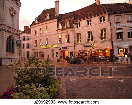 Stock Image -  France, Beaune, Burgundy, Cote de Beaune, Cote d'Or, Europe, Burgundy Wine Region, downtown, evening. Fotosearch