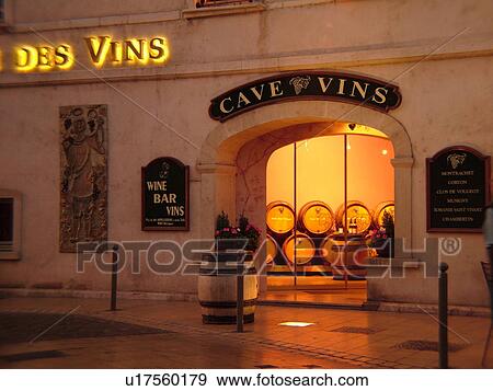 Stock Photo -  France, Beaune, Burgundy, Cote de Beaune, Cote d'Or, Europe, Burgundy Wine Region, downtown, evening, Domaine des Vins. Fotosearch