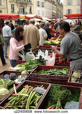 Stock Photo -  France, Beaune, Burgundy, Cote de Beaune, Cote d'Or, Europe, Burgundy Wine Region, downtown, City Market. Fotosearch