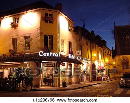 Stock Photograph -  France, Beaune, Burgundy, Cote de Beaune, Cote d'Or, Europe, Burgundy Wine Region, Central Hotel Restaurant, downtown, evening. Fotosearch