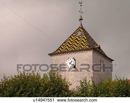Stock Image -  France, Burgundy, Cote de Nuits, Cote d'Or, Europe, Burgundy Wine Region, clock tower. Fotosearch