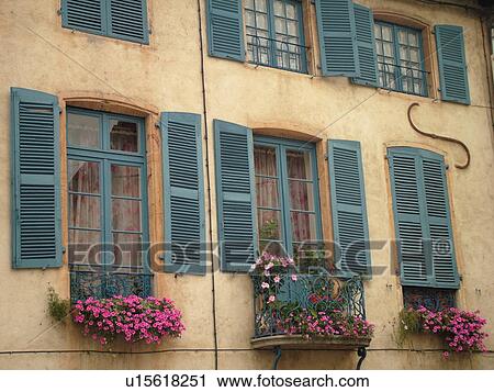 France, Chatillon, Ain, Rhone-Alpes, Europe, village, home, windows, windowboxes, pink petunias, blue wooden shutters View Large Photo Image Stock Image - France, Chatillon, Ain, Rhone-Alpes, Europe, village, home, windows, windowboxes, pink petunias, blue wooden shutters. Fotosearch
