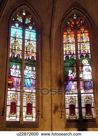 Stock Image -  France, Chatillon, Ain, Rhone-Alpes, Europe, church, stained-glass windows. Fotosearch