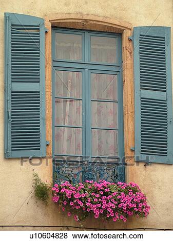 France, Chatillon, Ain, Rhone-Alpes, Europe, village, home, window, windowbox, pink petunias, blue wooden shutters View Large Photo Image Stock Photo - France, Chatillon, Ain, Rhone-Alpes, Europe, village, home, window, windowbox, pink petunias, blue wooden shutters. Fotosearch