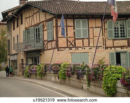 Stock Photo -  France, Chatillon, Ain, Rhone-Alpes, Europe, village, half-timbered homes, bridge decorated with flowers. Fotosearch