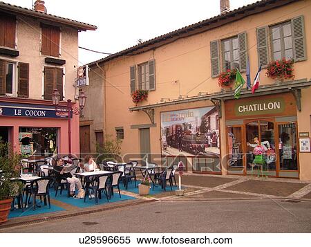 Stock Photography -  France, Chatillon, Ain, Rhone-Alpes, Europe, village, town centre, outdoor cafT. Fotosearch