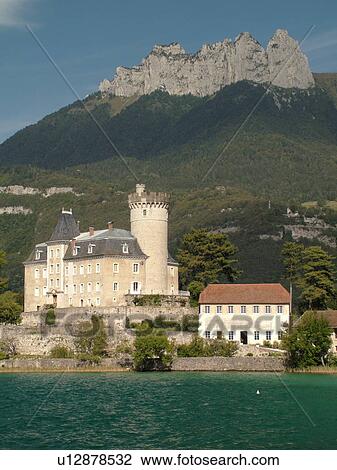 Stock Image -  France, Duingt, Haute-Savoie, Rhone-Alpes, Annecy, Europe, Lake Annecy, Lac d' Annecy, Chateau de Duingt. Fotosearch