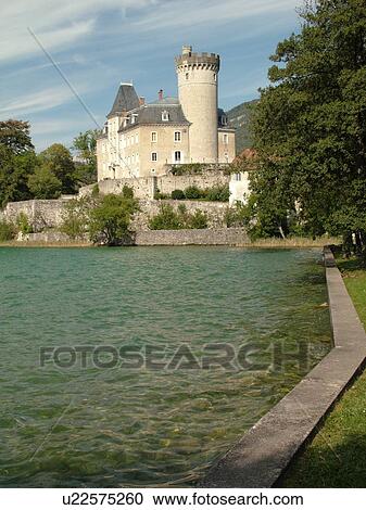 Stock Image -  France, Duingt, Haute-Savoie, Rhone-Alpes, Annecy, Europe, Lake Annecy, Lac d' Annecy, Chateau de Duingt. Fotosearch