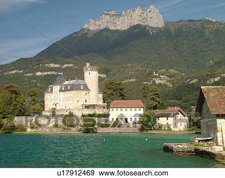 Stock Photo -  France, Duingt, Haute-Savoie, Rhone-Alpes, Annecy, Europe, Lake Annecy, Lac d' Annecy, Chateau de Duingt. Fotosearch