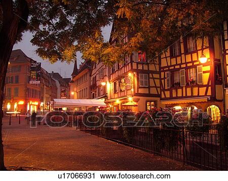 France, Europe, Alsace, Colmar, Haut-Rhin, L'Alsace Wine Region, Route du Vin, downtown, evening, half-timbered buildings, fountain View Large Photo Image Stock Image - France, Europe, Alsace, Colmar, Haut-Rhin, L'Alsace Wine Region, Route du Vin, downtown, evening, half-timbered buildings, fountain. Fotosearch