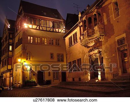 Stock Photo -  France, Europe, Alsace, Colmar, Haut-Rhin, L'Alsace Wine Region, Route du Vin, downtown, evening. Fotosearch